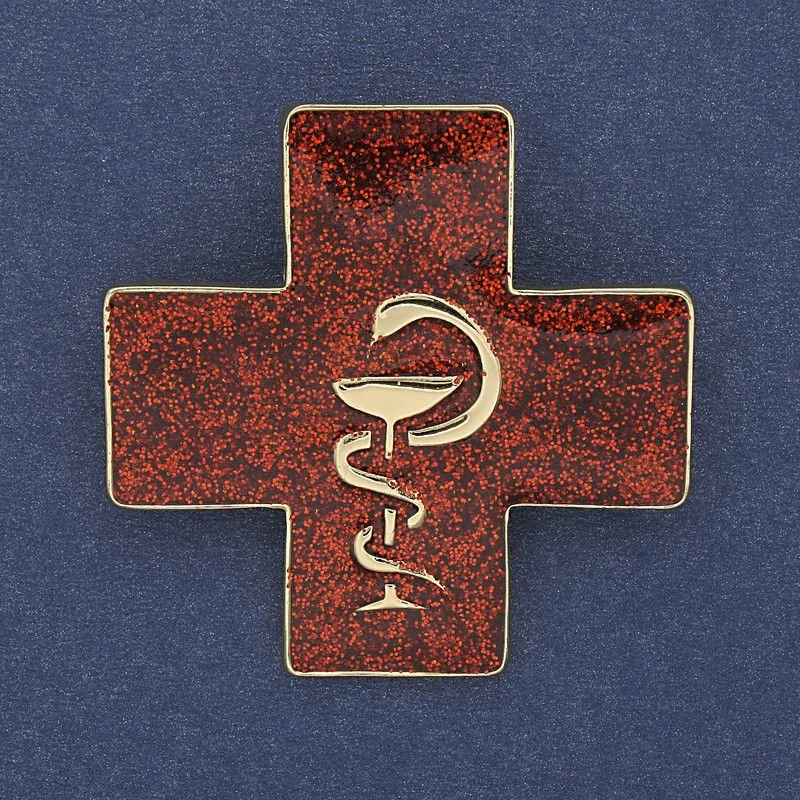 Cross with Snake over Bowl Brooch Pendant Red Enamel Gold-Tone Metal 38x38mm+