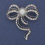 Brooch Bow Pearl White Rhinestones Silver-Tone Metal 43x50mm+