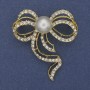 Brooch Bow Pearl White Rhinestones Gold-Tone Metal 43x50mm+