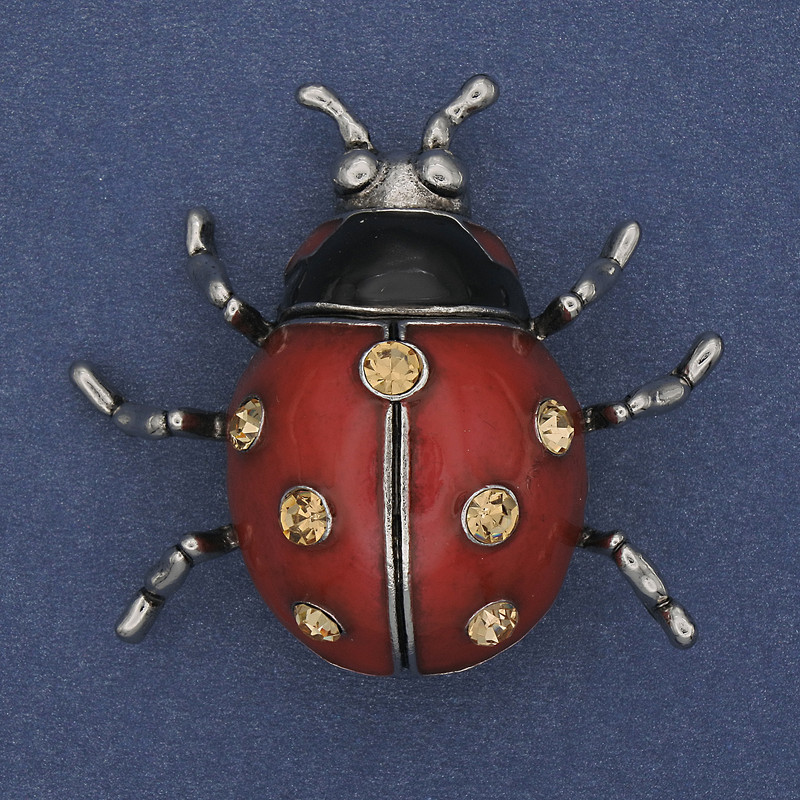Brooch Pendant Sunflower red enamel yellow crystals silvered metal 42x47mm+