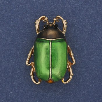 Beetle Brooch Green Enamel Black Rhinestones Gold-Tone Metal 23x31mm+