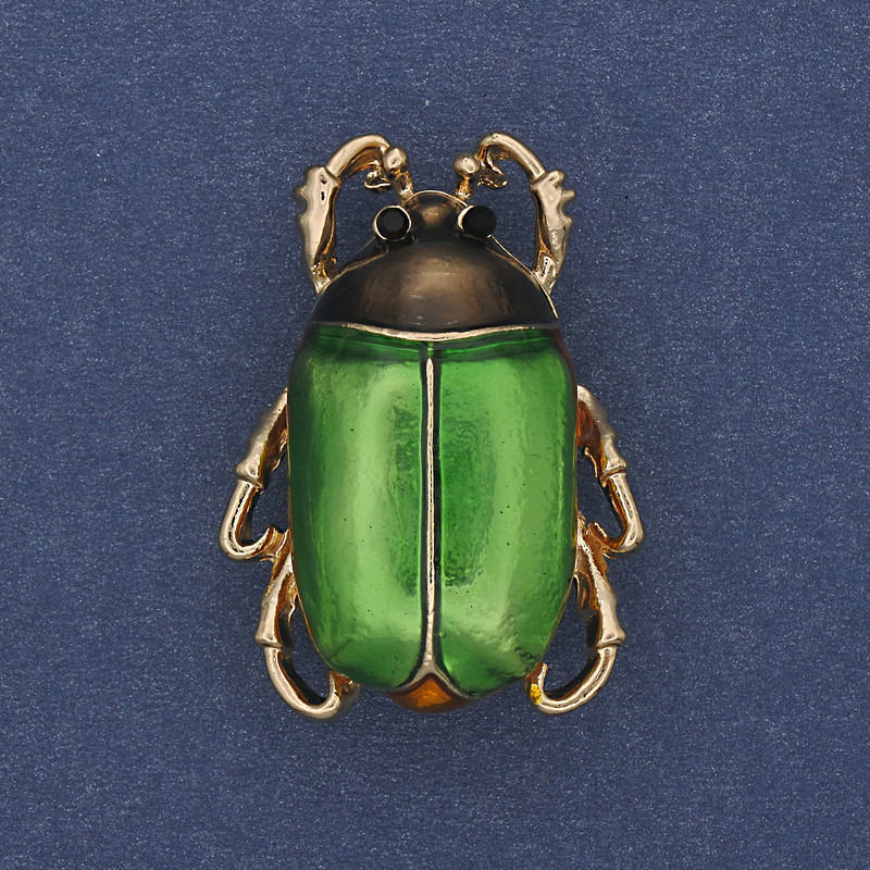 Beetle Brooch Green Enamel Black Rhinestones Gold-Tone Metal 23x31mm+