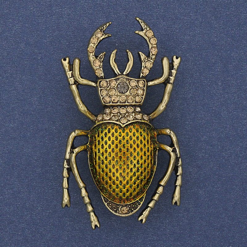 Scarab Beetle Brooch Yellow Enamel Yellow Rhinestones Gold-Tone Metal 27x46mm+