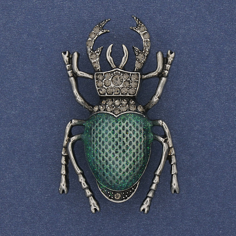 Scarab Beetle Brooch Green Enamel Grey Rhinestones Silver-Tone Metal 27x46mm+