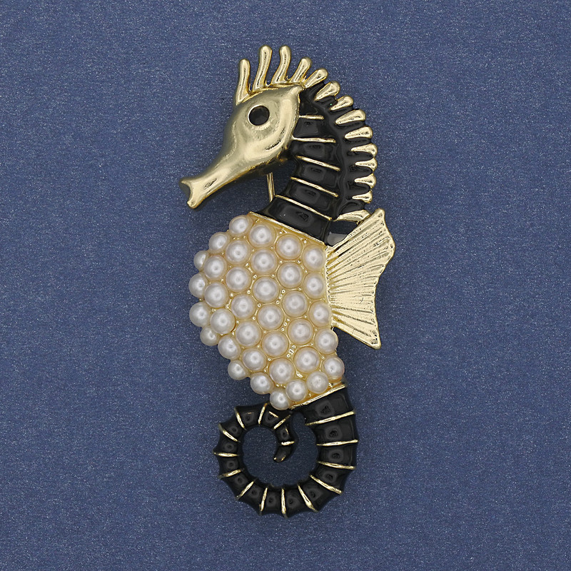 Seahorse Brooch Black and Golden Enamel Pearl Gold-Tone Metal 24x55mm+