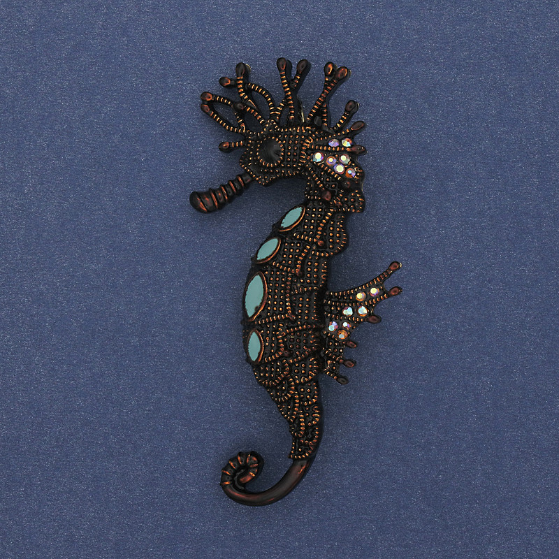 Seahorse Brooch Pendant, colourful rhinestones, brown enamel, gold-toned metal, 63x31mm+