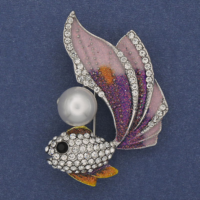 Fish Brooch-Pendant Purple Enamel White Rhinestones Pearl Gold-Tone Metal 47x32mm+