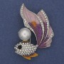 Fish Brooch-Pendant Purple Enamel White Rhinestones Pearl Gold-Tone Metal 47x32mm+