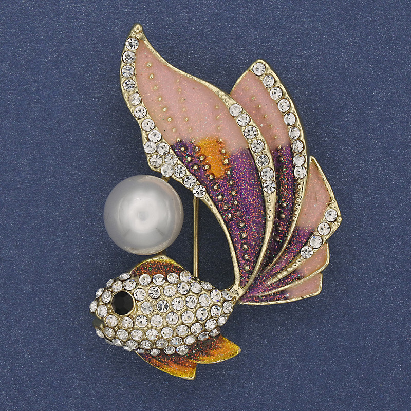 Fish Brooch Pendant, pink and purple enamel, white rhinestones, pearl, gold-toned metal, 47x32mm +