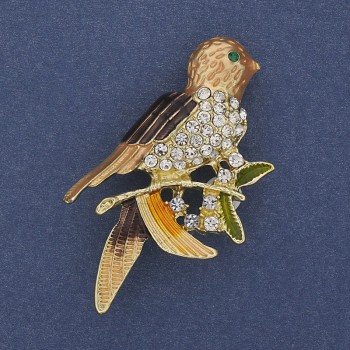 Bird Brooch Coloured Enamel White Rhinestones Gold-Tone Metal 32x54mm+