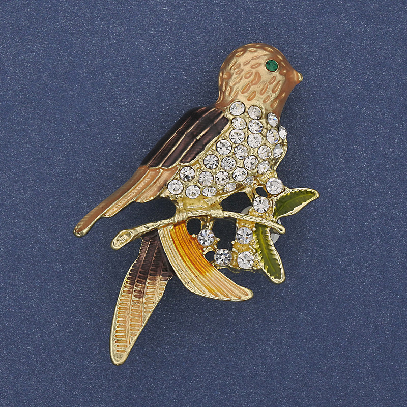 Bird Brooch Coloured Enamel White Rhinestones Gold-Tone Metal 32x54mm+