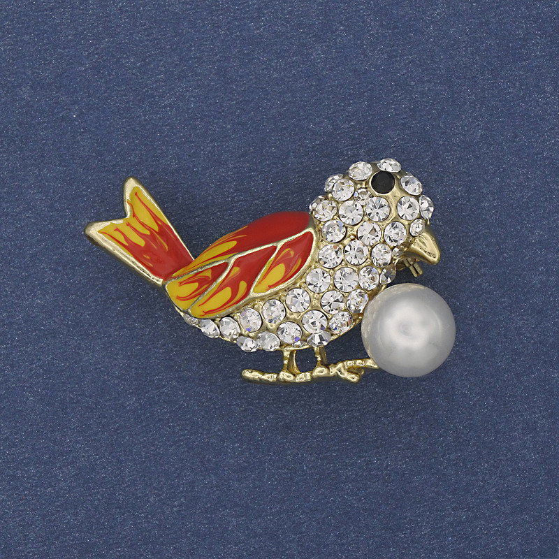 Bird Brooch Coloured Enamel White Rhinestones Pearl Gold-Tone Metal 22x35mm+