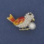 Bird Brooch Coloured Enamel White Rhinestones Pearl Gold-Tone Metal 22x35mm+