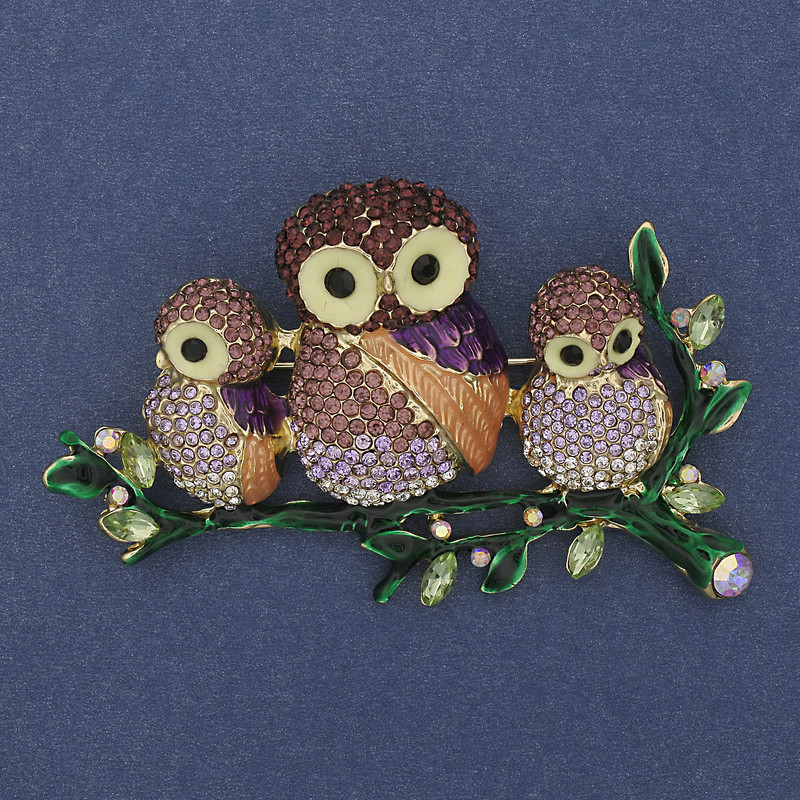 Owl Brooch Purple and Green Rhinestones Coloured Enamel Gold-Tone Metal 43x73mm+