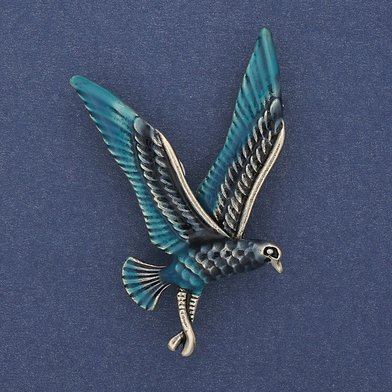 Bird Brooch, blue and silver enamel, gold-toned metal, 38x56mm +