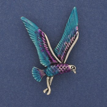 Bird Brooch Blue Purple and Silver Enamel Gold-Tone Metal 38x56mm+