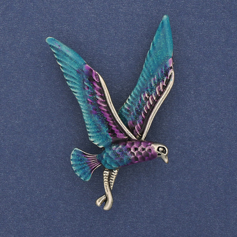 Bird Brooch Blue Purple and Silver Enamel Gold-Tone Metal 38x56mm+