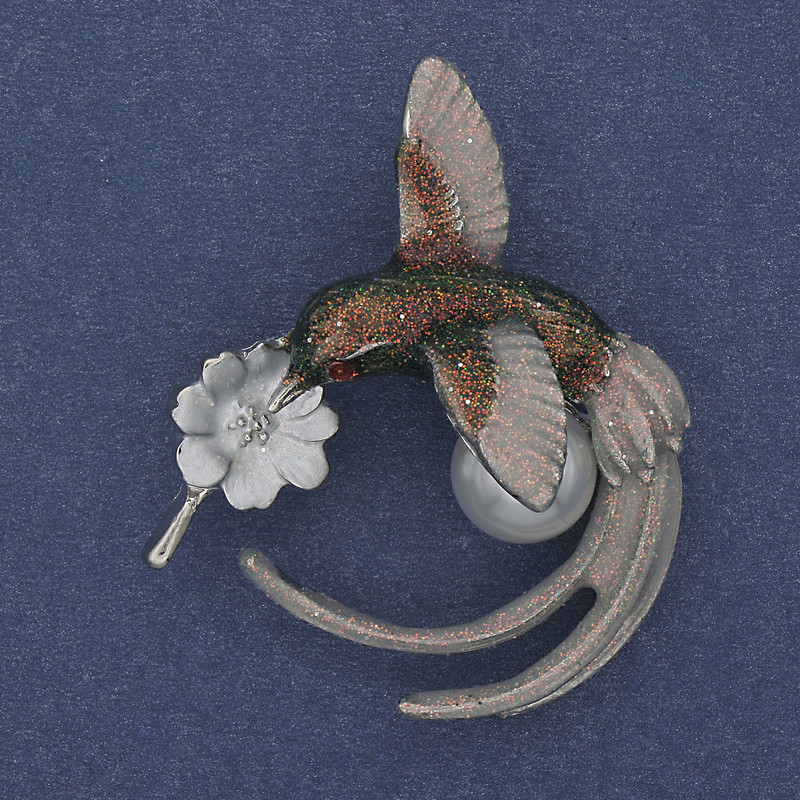 Hummingbird Brooch, green, grey and silver enamel, pearl, silver-toned metal, 35x43mm+
