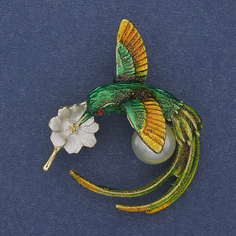 Hummingbird Brooch, green, yellow and silver enamel, pearl, gold-toned metal, 35x43mm+