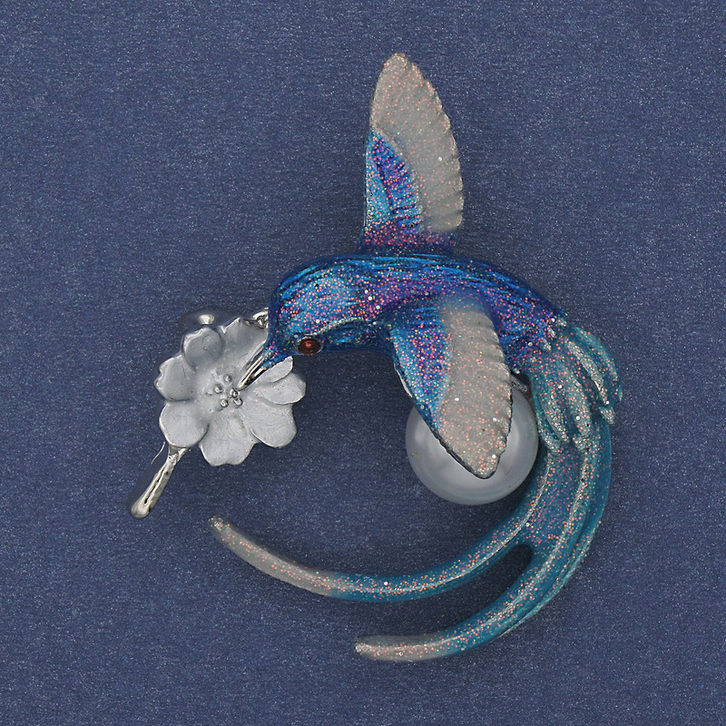 Hummingbird Brooch, blue and silver enamel, pearl, silver-toned metal, 35x43mm+