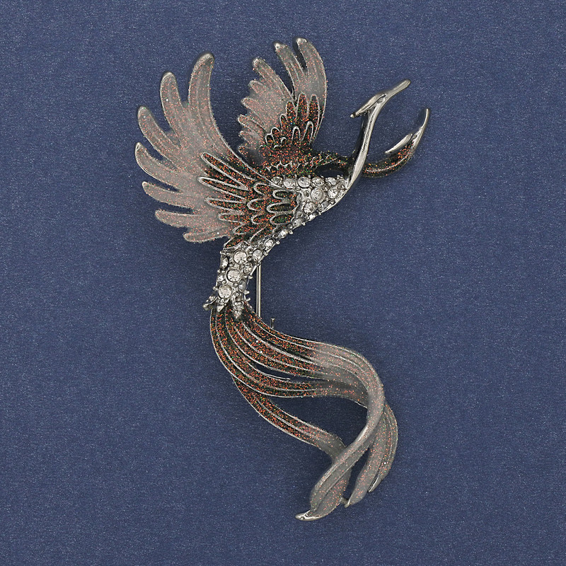 Bird Brooch Green and Grey Enamel Rhinestones Silver-Tone Metal 43x67mm+