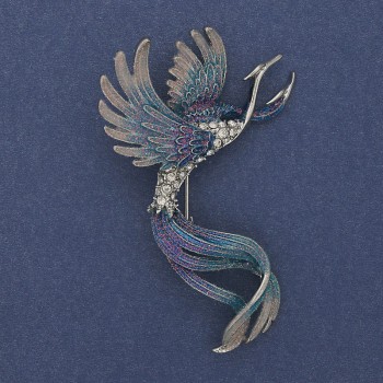 Bird Brooch Blue and Grey Enamel with Rhinestones Silver-tone Metal 43x67mm +