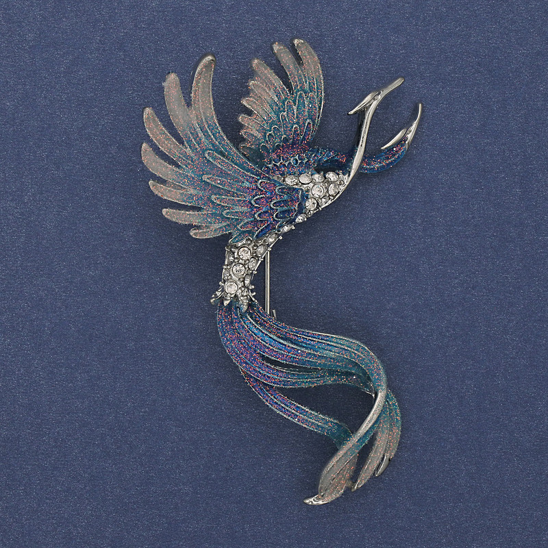 Bird Brooch Blue and Grey Enamel with Rhinestones Silver-tone Metal 43x67mm +