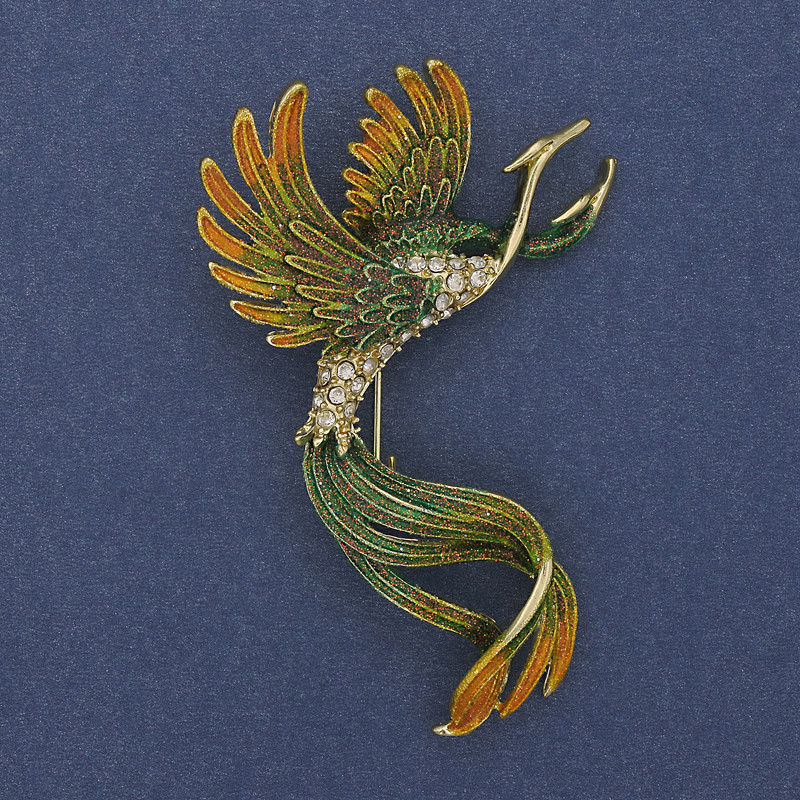 Bird Brooch Green and Yellow Enamel with Rhinestones Gold-tone Metal 43x67mm +