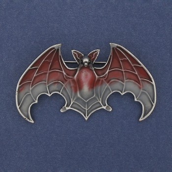 Bat Brooch Pendant Red and Grey Enamel Silver-tone Metal 36x60mm +
