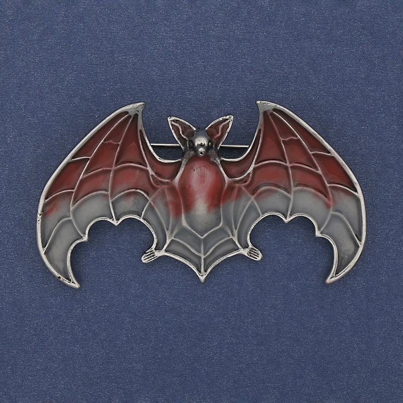 Bat Brooch Pendant Red and Grey Enamel Silver-tone Metal 36x60mm +