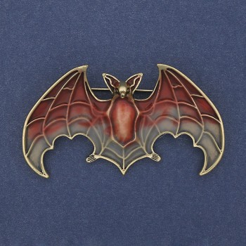 Bat Brooch Pendant Red and Grey Enamel Gold-tone Metal 36x60mm +