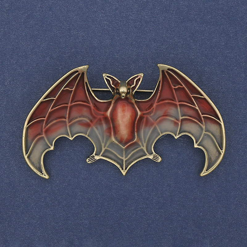 Bat Brooch Pendant Red and Grey Enamel Gold-tone Metal 36x60mm +