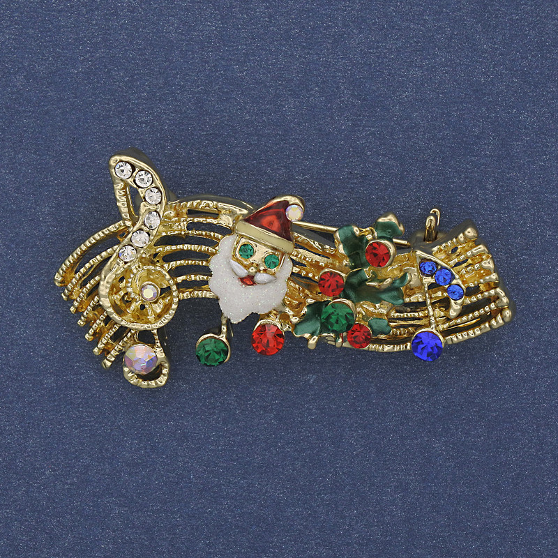 Christmas Melody Brooch Red Green and White Enamel with Rhinestones Gold-tone Metal 23x43mm +