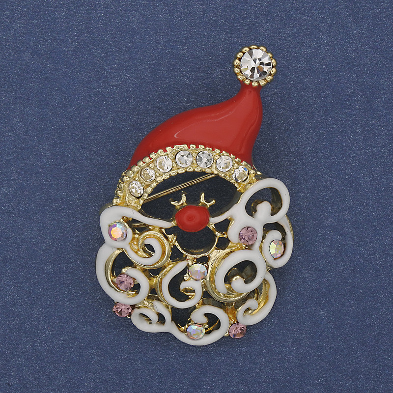 Christmas Santa Brooch Red Enamel with Rhinestones Gold-tone Metal 26x38mm +