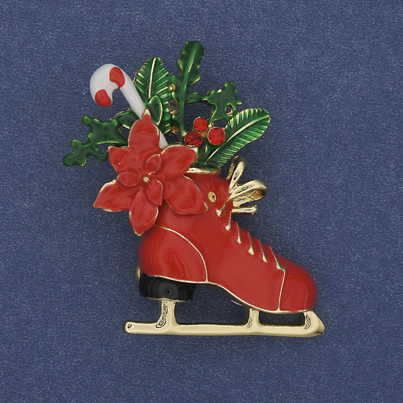 Christmas Ice Skate Brooch Red and Green Enamel Gold-tone Metal 27x38mm +