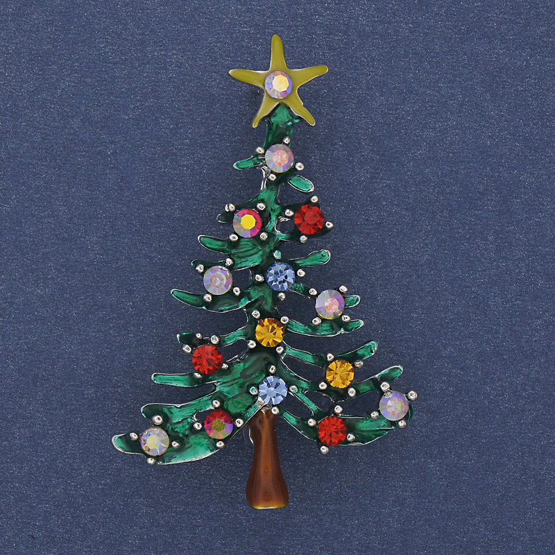 Christmas Tree Brooch Green Enamel with Multicoloured Rhinestones Gold-tone Metal 32x49mm +