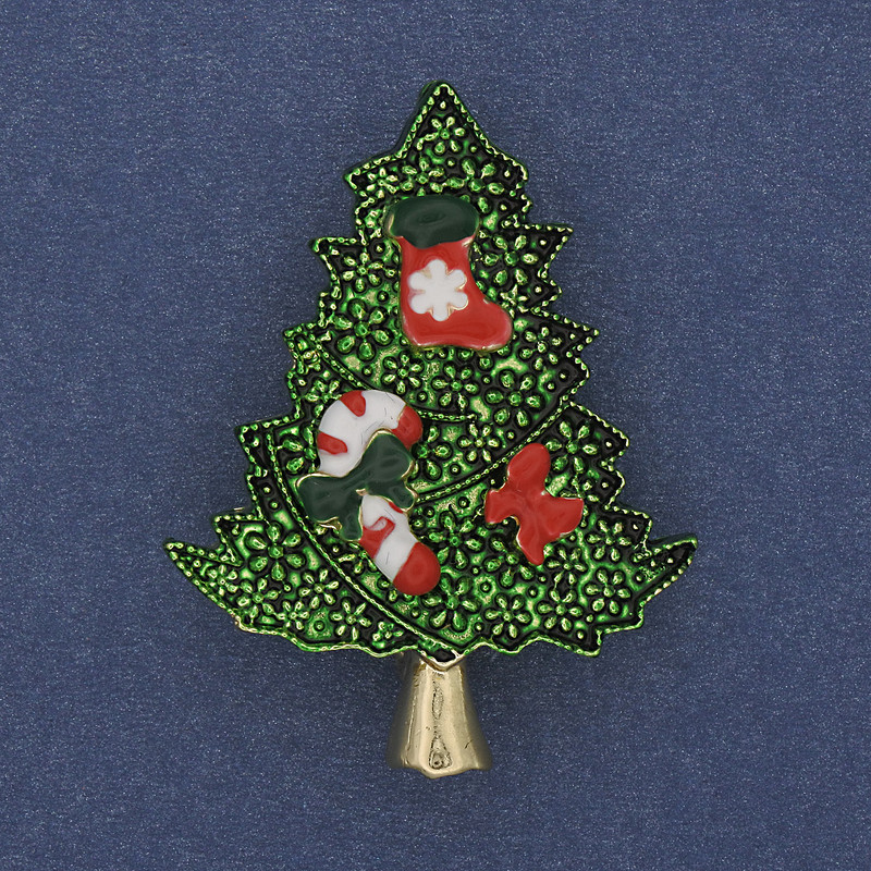 Christmas Tree Brooch Pendant Green Enamel Gold-tone Metal 32x42mm +