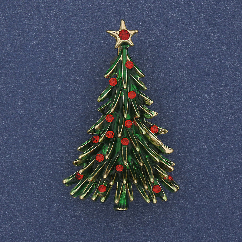 Christmas Tree Brooch Green Enamel Rhinestones Gold-tone Metal 24x42mm +