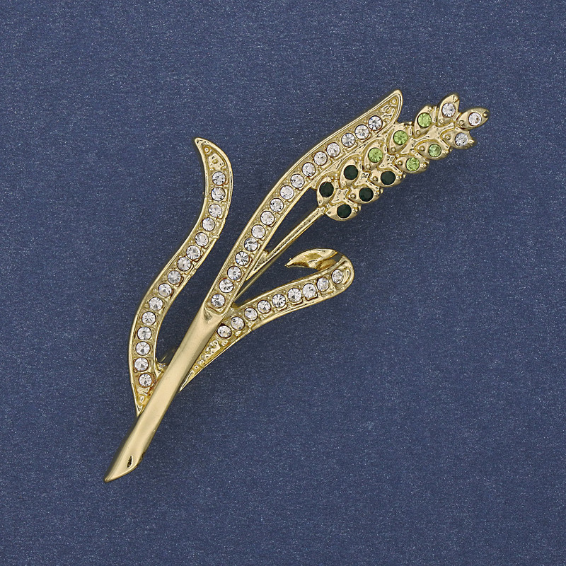Wheat Ear Brooch Green and White Rhinestones Gold-tone Metal 20x53mm+