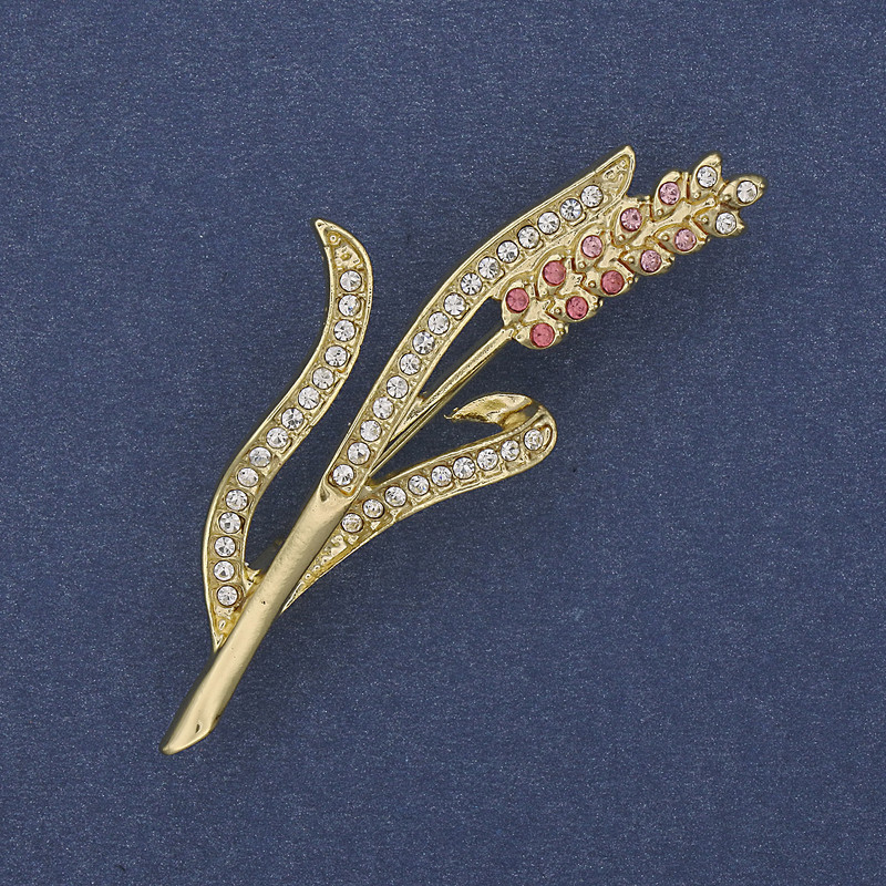Wheat Ear Brooch Pink and White Rhinestones Gold-tone Metal 20x53mm+