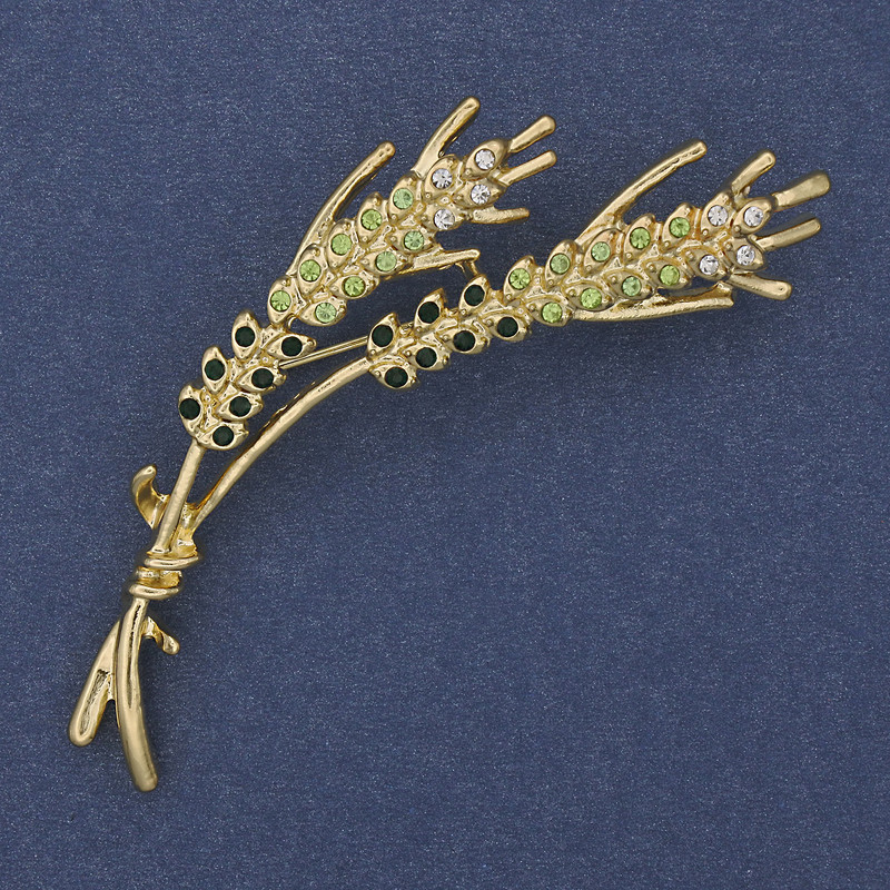 Wheat Ears Brooch Green and White Rhinestones Gold-tone Metal 18x65mm+