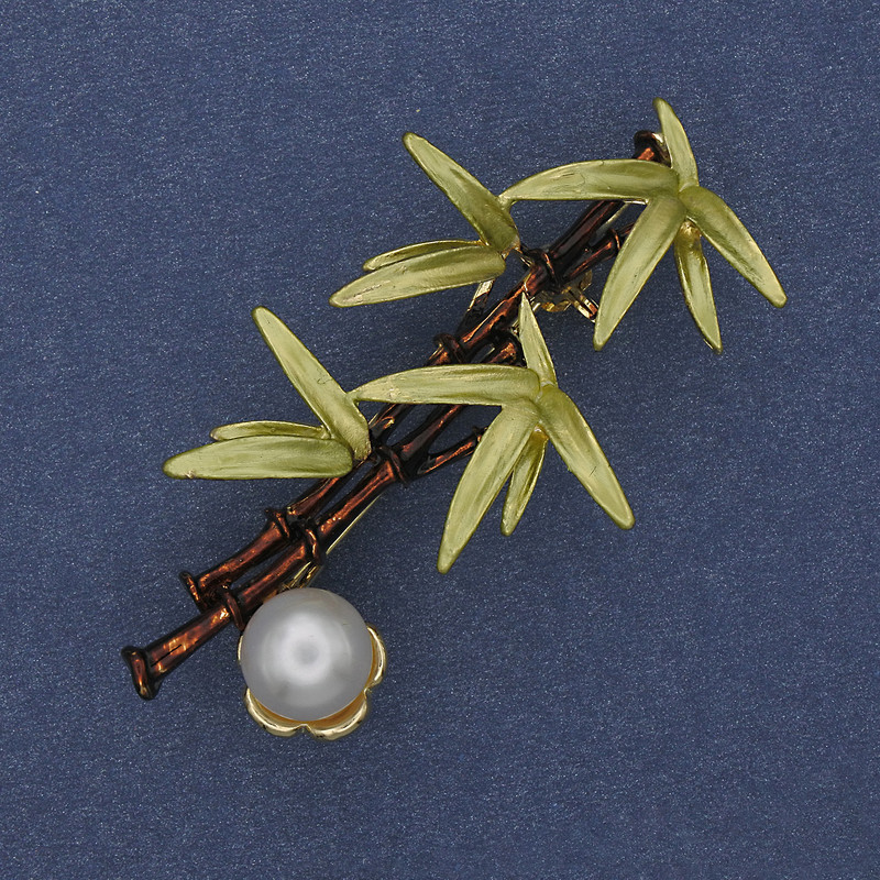 Bamboo with Pearl Brooch Pendant Enamel 27x49mm+/- Gold-tone Metal