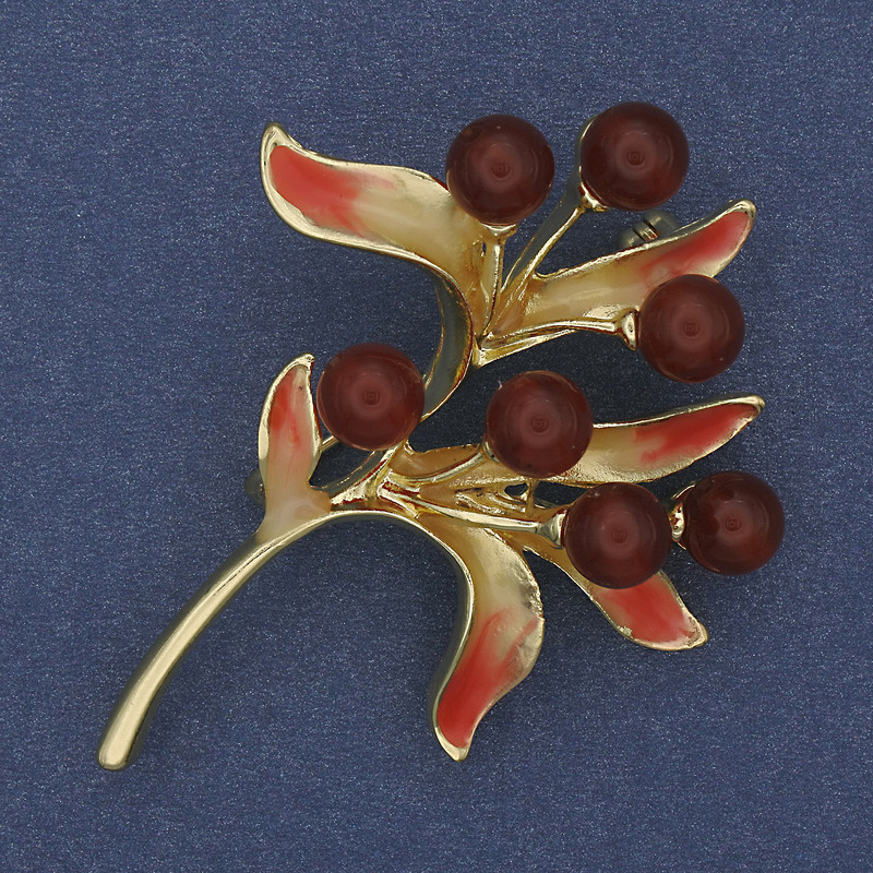 Twig Brooch Carnelian Enamel 42x55mm+/- Gold-tone Metal