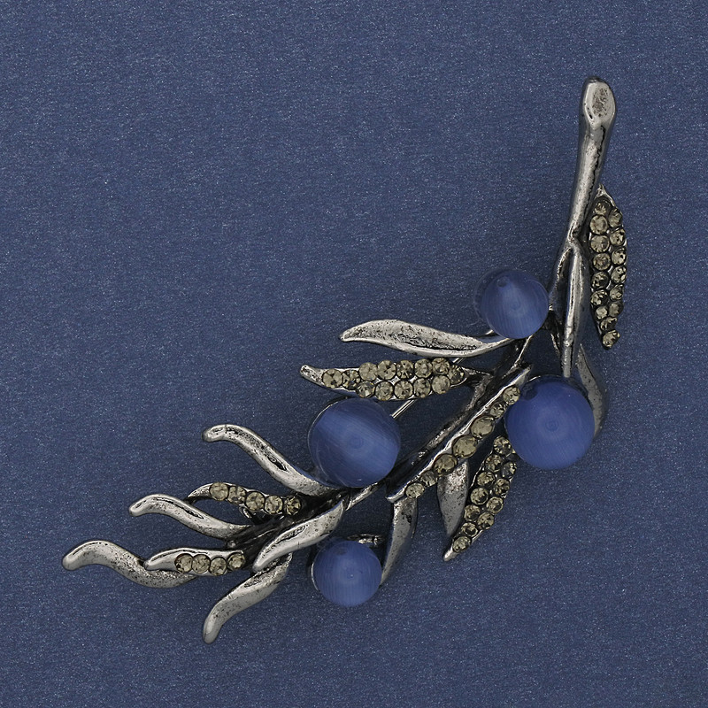 Twig Brooch Blue Cat's Eye Grey Rhinestones 67x26mm Silver-tone Metal