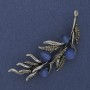 Twig Brooch Blue Cat's Eye Grey Rhinestones 67x26mm Silver-tone Metal