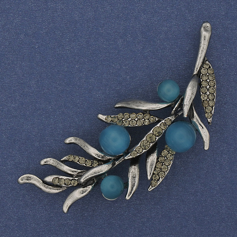 Twig Brooch Sky-blue Cat's Eye Grey Rhinestones 67x26mm Silver-tone Metal