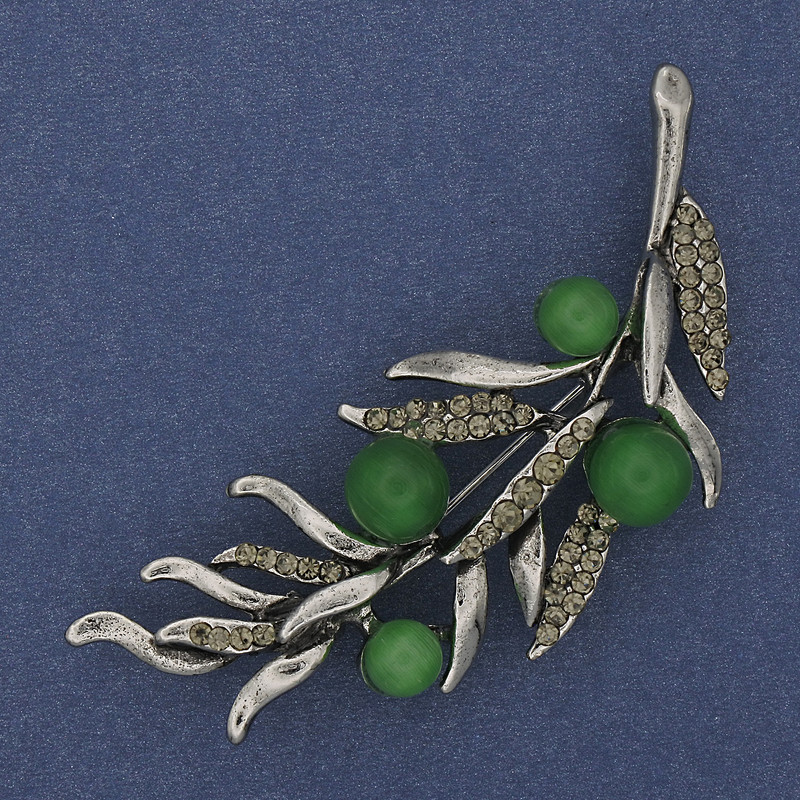 Twig Brooch Green Cat's Eye Grey Rhinestones 67x26mm Silver-tone Metal