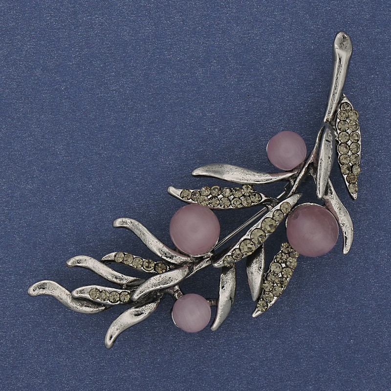 Twig Brooch Pink Cat's Eye Grey Rhinestones 67x26mm Silver-tone Metal