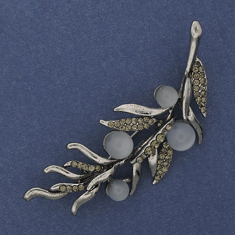 Twig Brooch Grey Cat's Eye Grey Rhinestones 67x26mm Silver-tone Metal