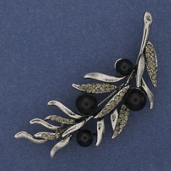 Twig Brooch Agate Grey Rhinestones 67x26mm Silver-tone Metal